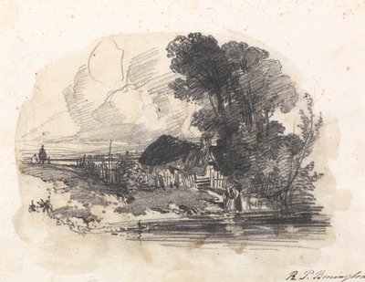 Bäume und ein Häuschen an einem Fluss von Richard Parkes Bonington